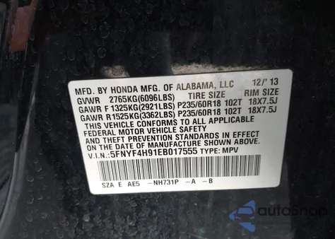 2014 Honda Pilot Touring from USA, damaged, VIN 5FNYF4H91EB017555